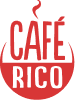 The image features a red logo with the words "Café Rico" in bold, stylized letters. A steaming cup shape is incorporated above the text, capturing the essence of a bustling café where skilled baristas craft perfect brews.