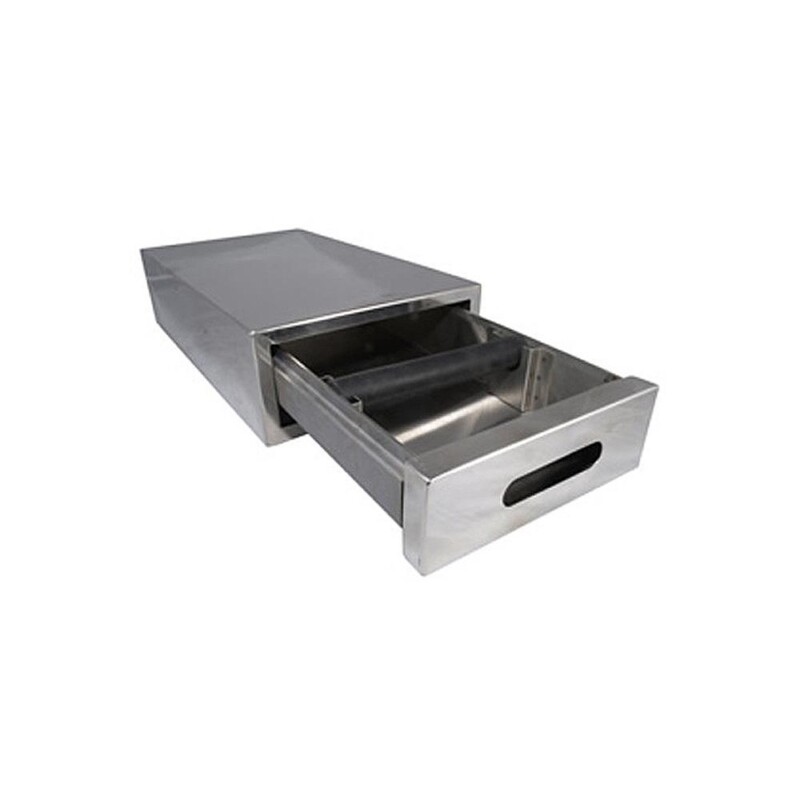The Deluxe Knockout Drawer is displayed, ideal for the café's barista. It features a pull-out drawer with a cutout handle that is slightly open, exposing its interior with a black knock bar. The drawer has a sleek, modern design in stainless steel.