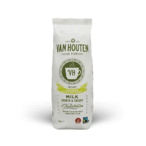 The Van Houten VH8 Milk Hot Chocolate, available in both 1kg and 10kg sizes, comes in a white bag ideal for a café setting or the home barista. The packaging prominently displays the Van Houten logo and emphasizes "Milk Smooth & Creamy," along with boasting Fairtrade and UTZ certifications.