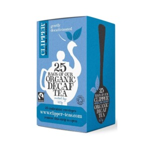 The Clipper Decaf Everyday Tea, ideal for a café environment, comes in a blue and white box containing 25 envelope bags. The packaging showcases a teapot pouring tea into a cup, along with labels highlighting its Fairtrade certification and gentle decaffeination process—perfect for any barista's collection.
