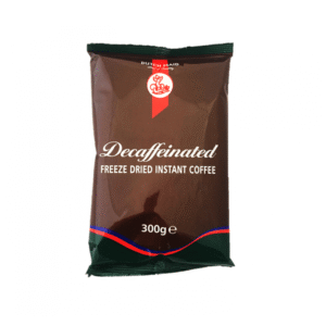 A 300g package of Dutch Maid Decaf Colombian Freeze Dried Coffee, featuring a sophisticated brown and dark packaging adorned with a red and blue striped design that adds a barista's touch.