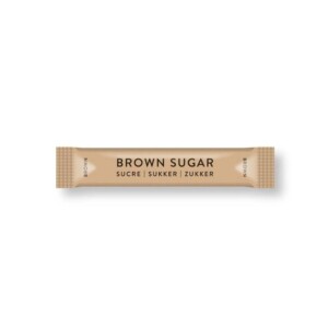 A brown sugar packet featuring the words "Brown Sugar" in black, with translations in French, Norwegian, and Dutch. This simple design on a white background is perfect for any café setting or to complement a barista's touch.