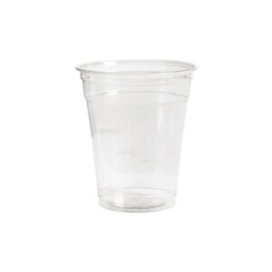 A clear plastic cup on a white background, empty and upright, reminiscent of a barista's tool at a bustling café, showcasing its transparent texture and simple design.