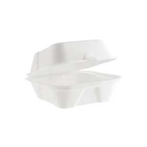 A 6x6 white, open foam takeaway container sits against a plain white background, its lid raised revealing the empty interior.
