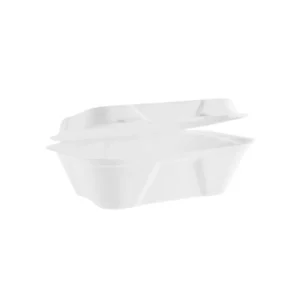 A 7 x 5 Clamshell Takeaway Box, white and open with a hinged lid akin to the kind used at your favorite café, is pictured empty against a plain white background.