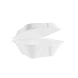 Open white foam food container set against a plain, café-style white background, reminiscent of the minimalist designs often crafted by a skilled barista.