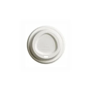 The Small Compostable takeaway Lids are white and round, featuring a small drinking hole along with embossed text that reads “Caution Contents Hot” and “100% Biodegradable.” Ideal for any café environment, these eco-friendly lids showcase a barista's dedication to sustainability against a plain white canvas.