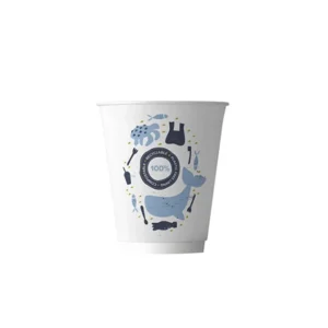 The Takeaway 12oz Double Wall Compostable Aqueous Cup is a white paper cup adorned with blue illustrations of sea creatures, plants, and leaves. It features the message "100% Compostable & Recyclable" at its center, making it ideal for any café setting and perfect for baristas committed to sustainability.