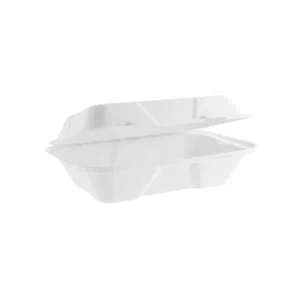 Open white biodegradable takeaway boxes, reminiscent of a chic café's eco-friendly ethos, against a plain white background.