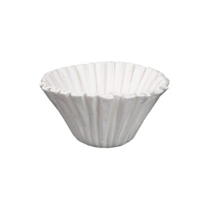 A white, pleated filter papers are displayed against a plain white background, reminiscent of a barista's trusted tool in a cozy café. Conical and slightly expanded, it showcases its texture and shape with elegance.
