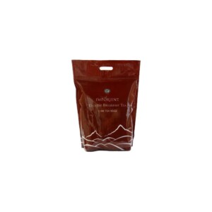 A red bag of Importent English Breakfast Tea, perfect for any café setting, contains 100 tea bags. The packaging showcases white line art of mountains and has a small green logo above the text, capturing the essence a barista would appreciate.
