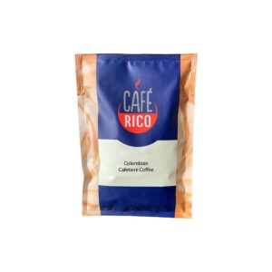 A bag of Café Rico Colombian Cafetière Coffee with a blue and orange design, perfect for any barista or café, featuring a steaming coffee cup logo.