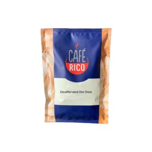 A package of Café Rico Decaffeinated One Shots with a blue and orange design, perfect for your inner barista. The brand logo is prominently displayed at the top of the package against a plain white background.