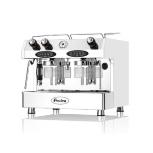 A dual-group espresso machine with a sleek stainless steel design, perfect for the bustling café. It features two steam wands and intuitive control buttons, ideal for any barista. The brand logo "Fracino" shines prominently on the front as the machine reflects on a white surface.
