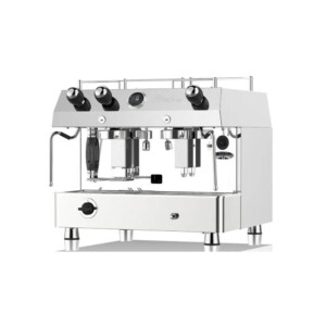 A silver commercial espresso machine with three knobs and two portafilters, perfect for any café. It has a sleek design, a glossy finish, and makes every barista’s job easier. There is a steam wand on the left side and a digital display at the top center.