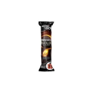 A single stick pack of Nescafé Gold Blend Black Coffee, part of the Nescafé & Go range. The café-inspired packaging is predominantly black with gold and brown accents, featuring a coffee bean image and the brand logo, exuding a touch of barista-crafted elegance.