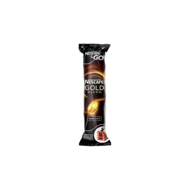 A single stick pack of Nescafé Gold Blend Black Coffee, part of the Nescafé & Go range. The café-inspired packaging is predominantly black with gold and brown accents, featuring a coffee bean image and the brand logo, exuding a touch of barista-crafted elegance.