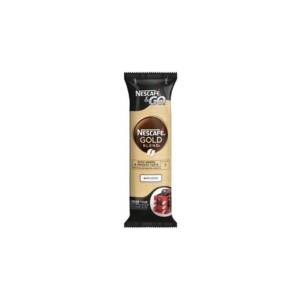 A Nescafé Gold Blend & Go instant coffee sachet in white coffee flavor, reminiscent of a café experience. The predominantly brown packaging features a coffee cup image and highlights the product's barista-quality smooth taste and convenience.