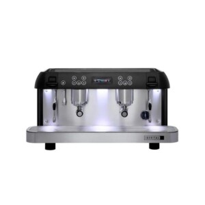 A sleek, professional espresso machine perfect for a bustling café is shown. With two group heads, steam wands, and control buttons, it allows any barista to craft multiple coffee beverages simultaneously. Its silver body with a black top exudes both style and functionality.