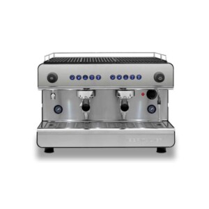 A stainless steel commercial espresso machine designed for the bustling café, this unit boasts two group heads, dual steam wands, and blue-button control panel. Perfect for the dedicated barista, it includes a cup warming area on top and a drip tray beneath.