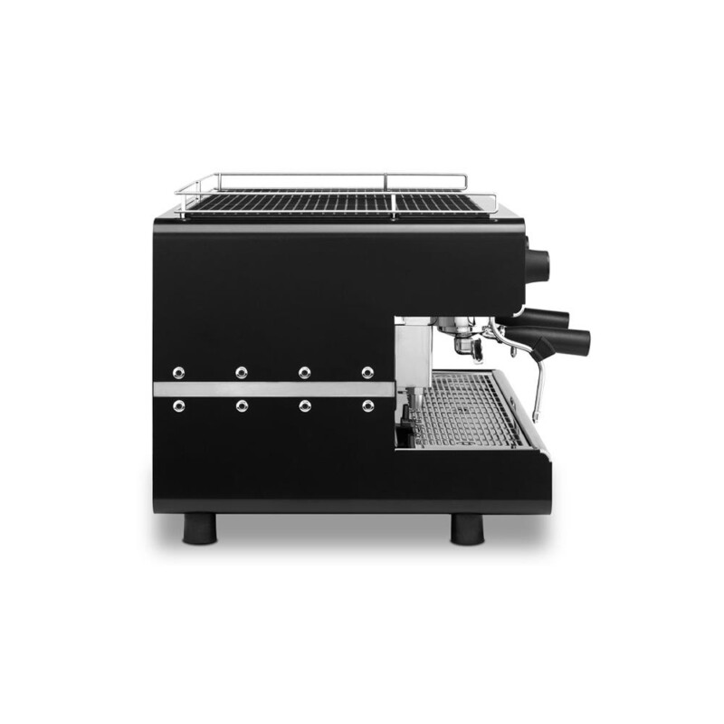 A side view of a black espresso machine with a sleek design, perfect for any café. The machine features a steam wand, several control knobs, and a cup warming area on top. It stands on four sturdy legs and has a drip tray below the coffee spout, making it ideal for barista-quality brews.