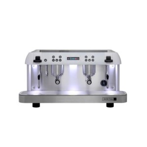 A white, dual-group espresso machine perfect for any café, featuring a digital display, two steam wands, and two portafilters. Its sleek, modern design with illuminated features makes it a barista's dream on any reflective surface.
