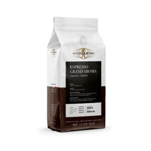 A white and brown bag of Italian Miscela D'Oro Espresso Grand Aroma coffee, labeled "Aromatico - Aromatic" for the discerning barista. This 500g (1.10 lbs) bag highlights its medium roast profile with balanced aroma, body, and sweetness—perfect for your home café experience.