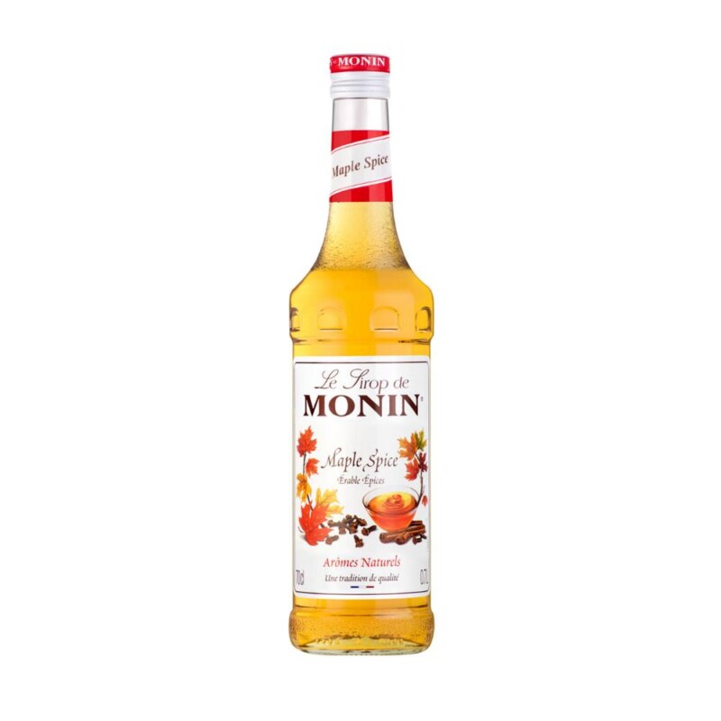 A bottle of Monin Maple Spice syrup with a red cap features colorful autumn leaves and a wooden bowl on the label, perfect for any café setting. The text reads "Le Sirop de Monin, Maple Spice, Arômes Naturels." Ideal for baristas, this 1-liter bottle enhances your coffee creations.