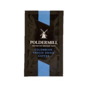 A packet of Poldermill Colombian Freeze Dried Coffee, embodying the essence of a café, features a brown and blue design with a windmill logo reminiscent of skilled barista artistry.