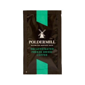 A rectangular black and teal packet labeled "Poldermill Decaffeinated Freeze Dried Coffee" with a windmill logo at the top evokes a touch of café elegance. The simple design boasts a modern, minimalist aesthetic reminiscent of a barista's artful touch.