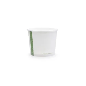 A plain white 8oz soup container featuring a green stripe on one side, makes it an ideal addition to any café environment. The cup is adorned with the text "packaging made from plants," showcasing its environmentally friendly nature, perfectly suited for the modern barista. The overall design maintains a clean, white background.