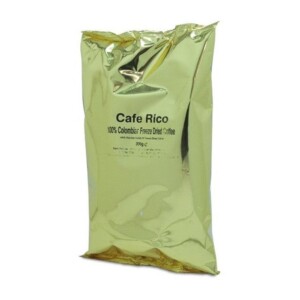 A gold foil bag of Cafe Rico 100% Colombian Freeze Dried Coffee, 200g, perfect for the café enthusiast or aspiring barista.
