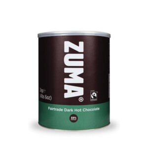 A cylindrical canister of Zuma Fairtrade Dark Hot Chocolate, ideal for any café setting. The label is mostly dark brown with a green band at the bottom, including text for the product name and Fairtrade certification. Perfect for baristas, the container weighs 2 kg (4 lbs 6 oz).