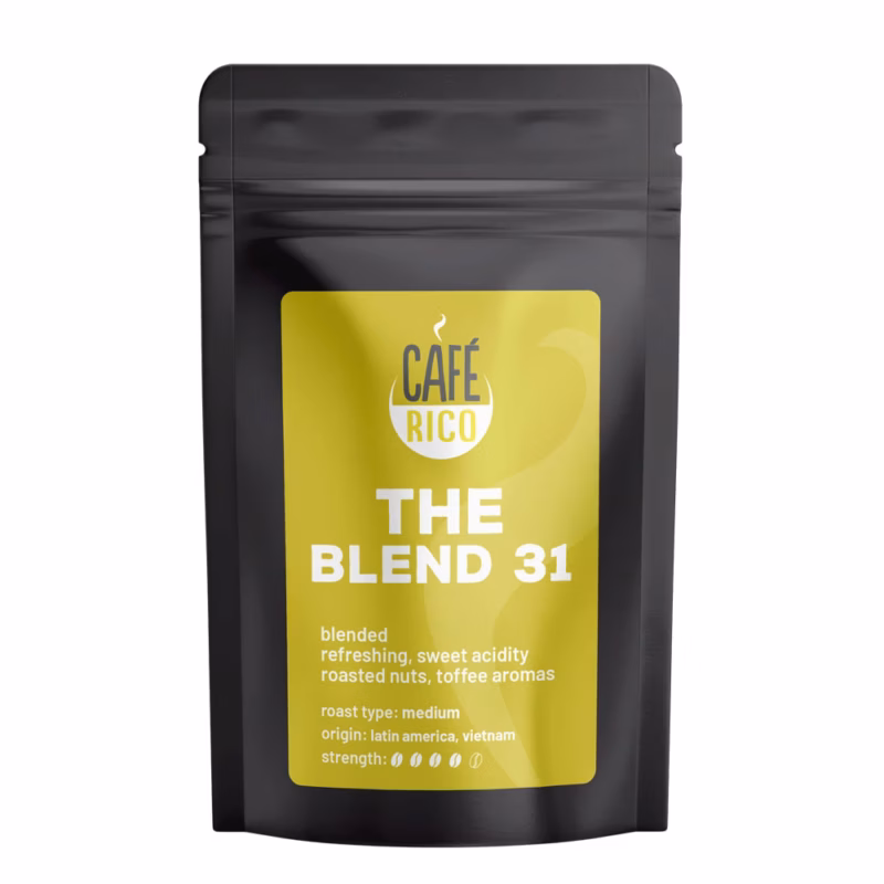 Cafe Rico - The blend 31 Coffee Beans in 250g and 500g bags. blended. refreshing, sweet acidity roasted nuts, toffee aromas. roast type: medium origin: latin america, vietnam strength: 4 out of 5