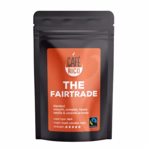 Cafe Rico - The Fairtrade Coffee Beans in 250g and 500g bags. blended, smooth, complex, heavy vanilla & caramel aromas. Fairtrade roast type: dark Origin: brazil, colombia, india Strength: 5 out of 5