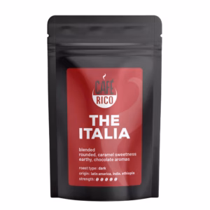Cafe Rico - The Italia Coffee Beans in 250g and 500g bags. blended, rounded, caramel sweetness, earthy, chocolate aromas. roast type: dark Origin: latin america, india, ethiopia Strength: 5 out of 5