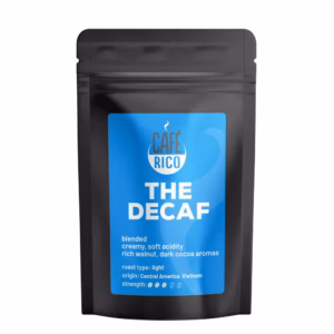 Cafe Rico - The Decaf Coffee Beans in 250g and 500g bags. blended, creamy, soft acidity rich walnut, dark cocoa aromas. roast type: light Origin: central america, vietnam Strength: 3 out of 5