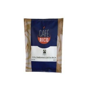 A blue and brown coffee package labeled "Café Rico" is perfect for any barista. It features a Fairtrade certification logo and the text "Colombian/Costa Rica." The glossy packaging, adorned with coffee bean imagery, captures the essence of a premium café experience.