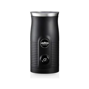 A stylish black A Modo Mio Milk Easy Frother from Lavazza, featuring a cylindrical design and ribbed texture, ideal for any aspiring barista or café enthusiast. The front is adorned with the Lavazza logo, and it includes a central power button for easy operation.