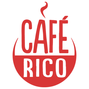 Red logo with the words "CAFÉ RICO" in bold, capital letters. The word "CAFÉ" appears above "RICO," while a stylized steam design rises from the letter "F," capturing a barista's touch of warmth and freshness. The text is elegantly encased in a circular shape.