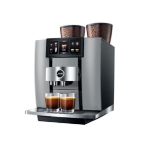 The Jura GIGA W10, in its elegant diamond silver finish, brings a barista-style experience to your kitchen with its modern design. Featuring dual transparent containers for coffee beans on top, this tanked bean-to-cup coffee machine excels in crafting espresso and showcases a sophisticated digital display—ideal for any home café enthusiast.