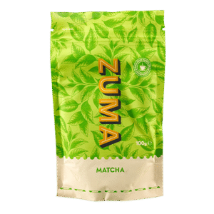 Zuma Matcha, shows a 1kg pack of bright green leaves, 100g, 100% pure finely ground green tea