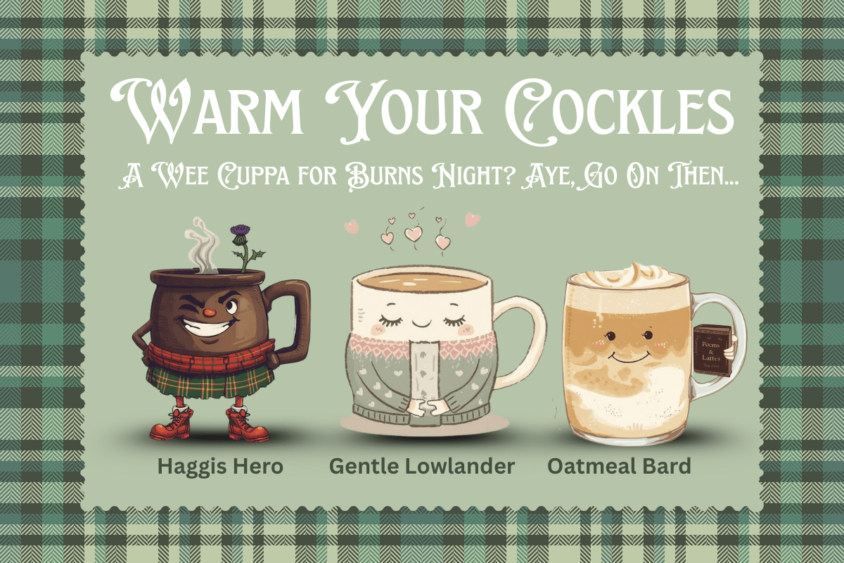 A green tartan background with three coffee characters, a Haggid hero, A gentle lowlander and oatmeal bard with text reading 'Warm your cockles, a wee cuppa for Burns nigh?, Aye, go on then...'
