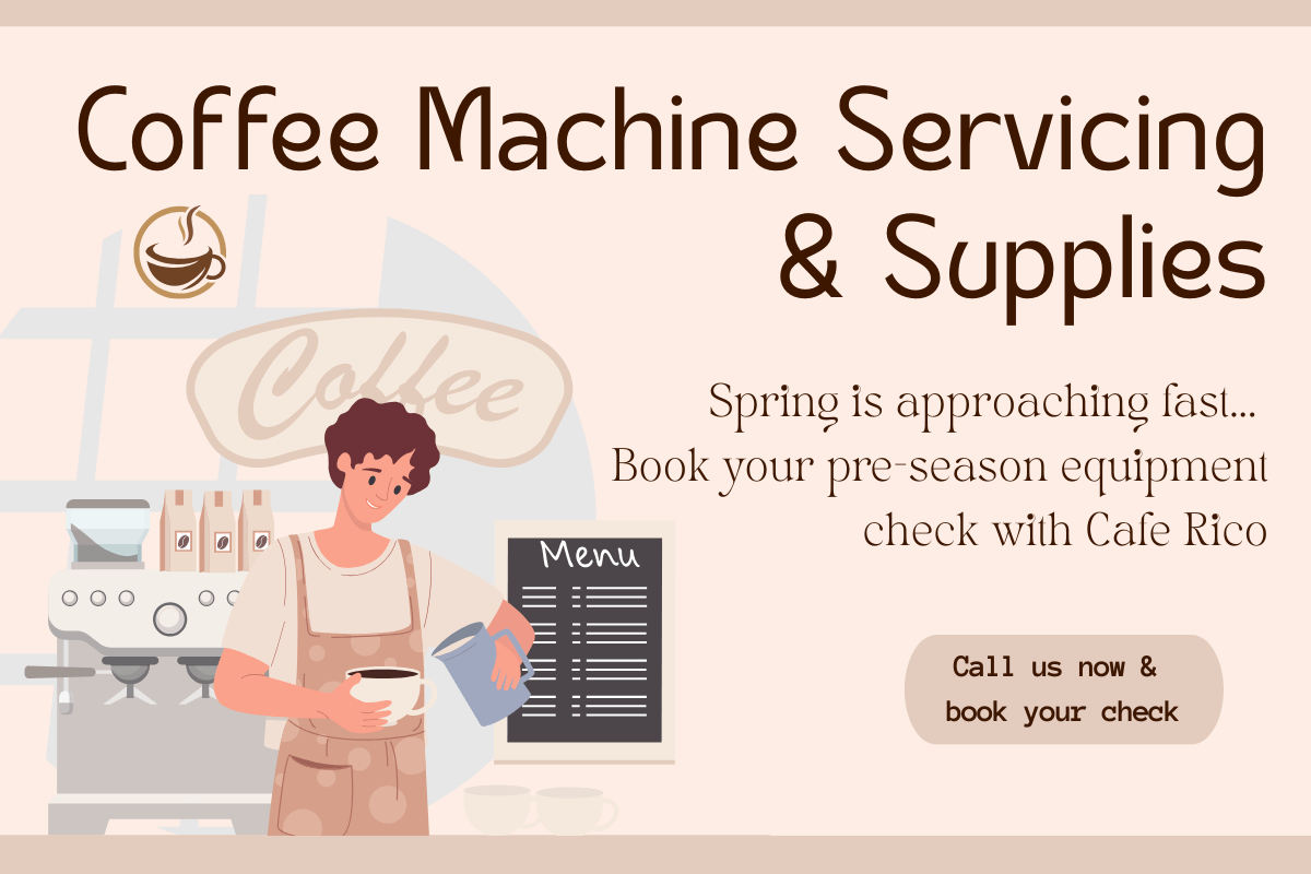 Coffee machine servicing and supplies advert encouraging people owning cafes and restaurants to get their equipment checked out before the season starts